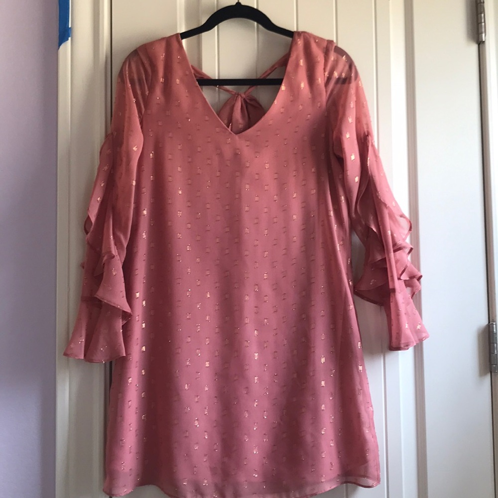 pink dress with gold accents